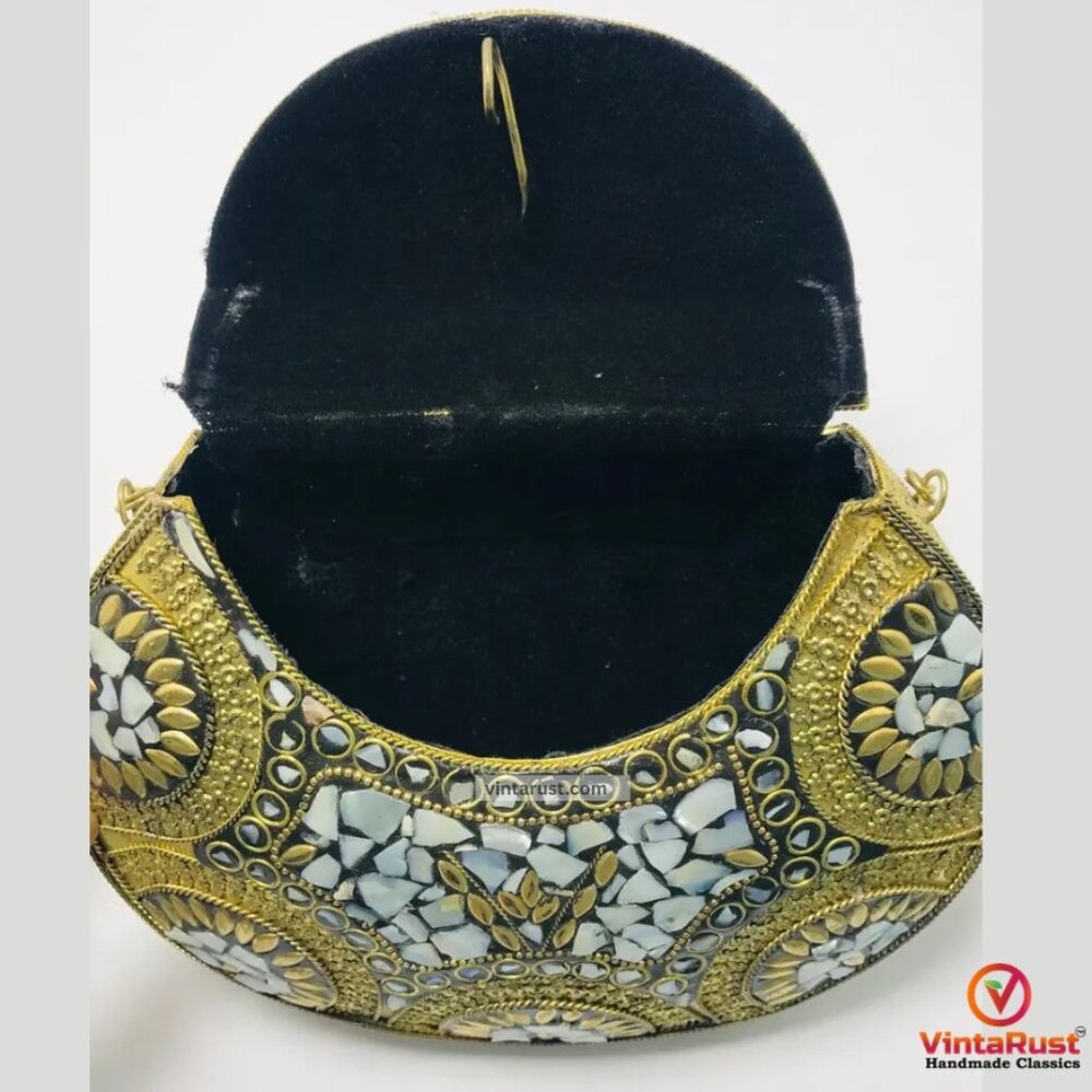 Handmade Kuchi Tribal Clutch: Black & Gold Mosaic Evening Bag - Picture 3 of 4